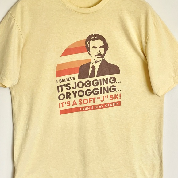 Anchorman Ron Burgundy Jogging or Yogging Retro Yellow T Shirt Adult size Large - Picture 3 of 10